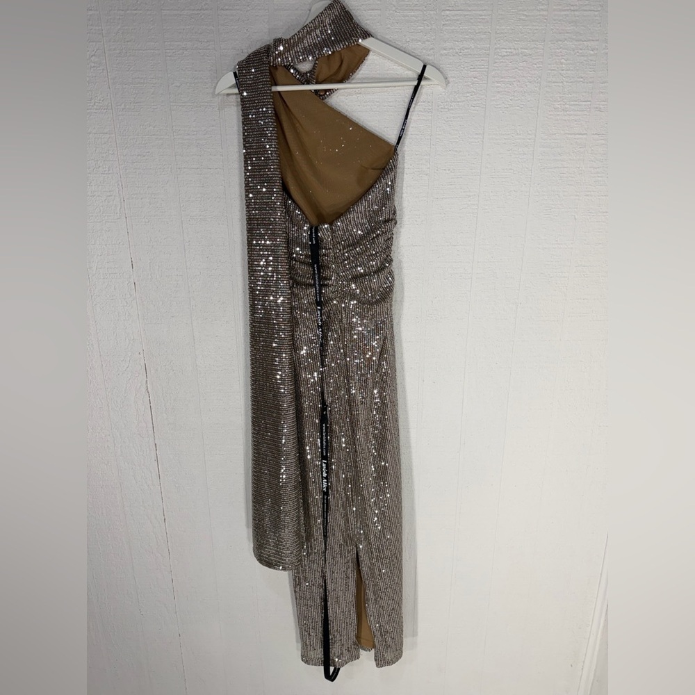 NWT Lavish Alice ALANNI Stretch Sequin Scarf evening gown Silver brown size 2 - Picture 6 of 16